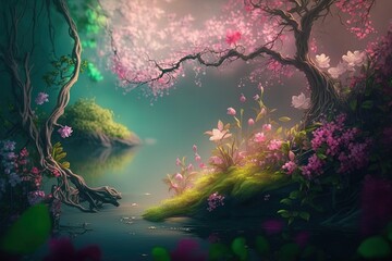 Fototapeta na wymiar Magical Flora-scape of Enchanting Spring Beauty Generative AI