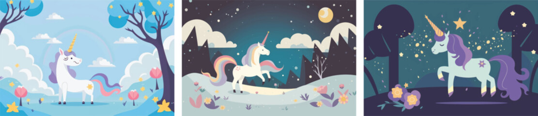 Obraz na płótnie Canvas Magical Vector Illustration of a Cute Unicorn Amidst a Stunning Nature Background, Featuring Lush Greenery, Trees, and Glittering Stars Perfect for Fantasy-Themed Designs, Children's Books, and Dream