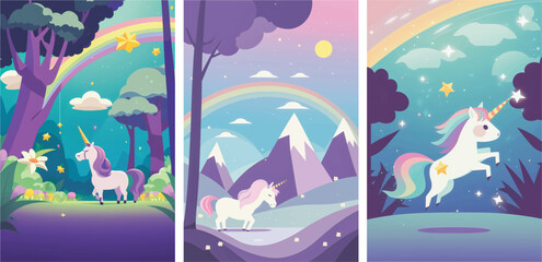 Fototapeta na wymiar Magical Vector Illustration of a Cute Unicorn Amidst a Stunning Nature Background, Featuring Lush Greenery, Trees, and Glittering Stars Perfect for Fantasy-Themed Designs, Children's Books, and Dream