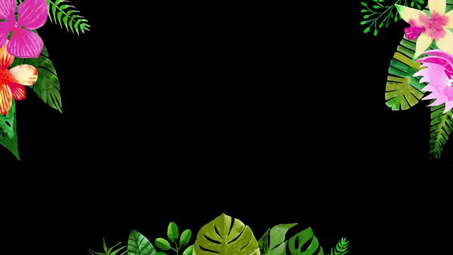 Tropical summer plants Leaves, flowers border frame animation with a copy space area looped animation with Alpha channel