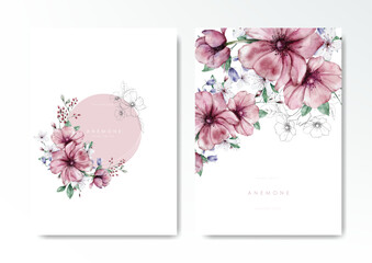Watercolor pink anemone with sketch background template vector design set