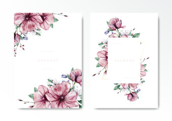 Watercolor white pink anemone background template vector design set