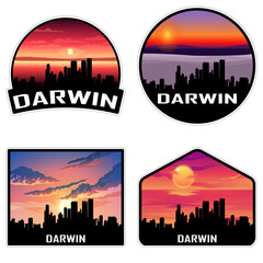 Darwin Australia Skyline Silhouette Retro Vintage Sunset Darwin Lover Travel Souvenir Sticker Vector Illustration SVG EPS AI
