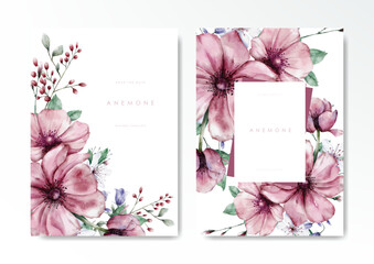 Watercolor pink anemone background template vector design set