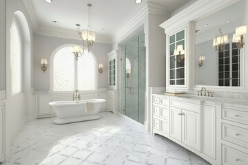Double sink vanity, soaking tub, mirror framed glass shower enclosure, and tiled floor characterize the luxurious bathroom of this magnificent mansion. Generative AI
