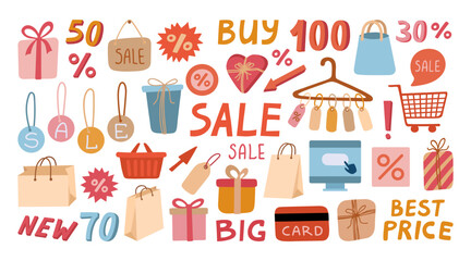 Shopping icon set about sale and discount in flat vector style. Hand drawn vector illustration