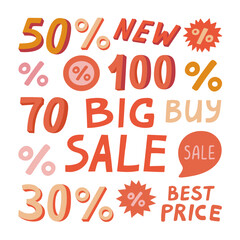 Stickers Big sale and numbers discount in flat vector style. Hand drawn vector illustration