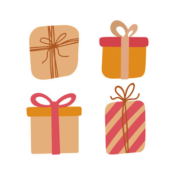 Color wrapping gift box set in flat vector style. Hand drawn vector illustration