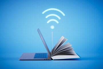 the concept of online learning. open book and laptop with a Wi-Fi icon on a blue background. 3D render