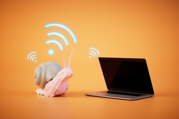 low internet speed. an open laptop next to a snail with a Wi-Fi icon. 3D render - obrazy, fototapety, plakaty