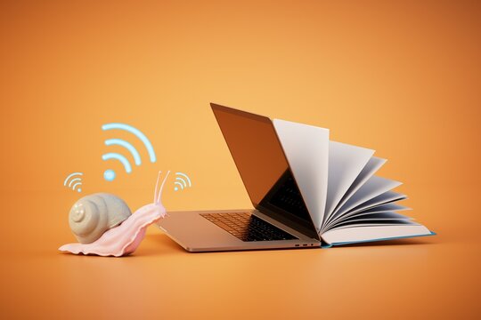 online training. Slow Wi-Fi connection. an open book and laptop next to the snail and the Wi-Fi icon. 3D render