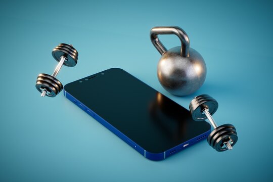 online training. smartphone and dumbbells on a turquoise background. 3D render