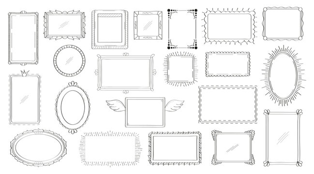 Frames, mirror set in hand drawn style. Vintage image frame doodle labels. Blank black square rectangle label elegant sketches. Outlines photo border.