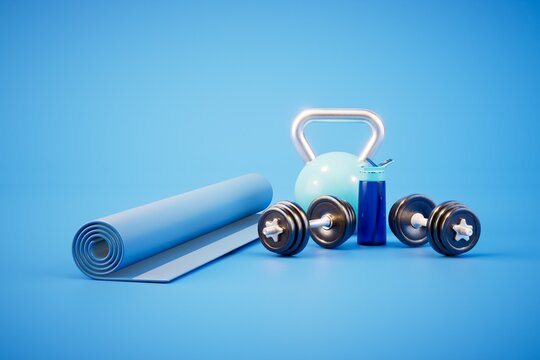 fitness classes in the hall. fitness mat, dumbbells, shaker on a blue background. 3D render
