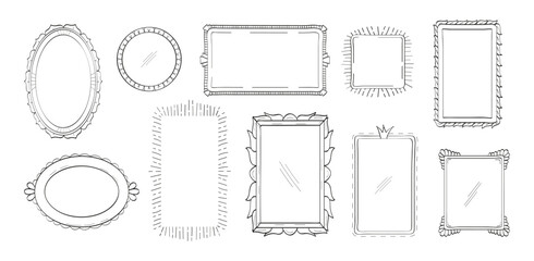 Frames, mirror set in hand drawn style. Vintage image frame doodle labels. Blank black square rectangle label elegant sketches. Outlines photo border.