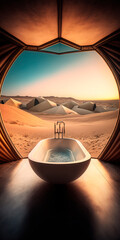 View from inside luxurious bathtub inside a palatial futuristic bedoin tent