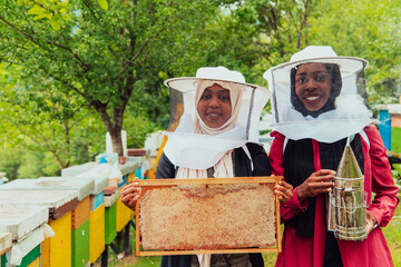 Arab investors checking the quality and production of honey on a large honey farm. 