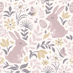  Easter rabbit seamless pattern. Scandinavian style. Floral pastel background. Vector illustration