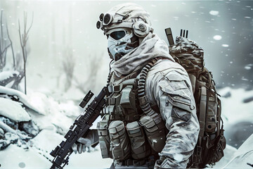 Fototapeta na wymiar Soldat in Winteruniform im Schnee
