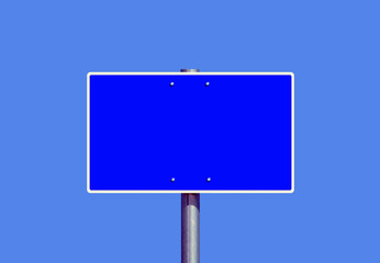 blue rectangular metal road or highway sign. blank ad panel. round steel pole. fastening bolts. background and base for graphic design or billboard. white border. blue sky. empty mockup sign