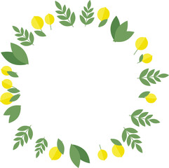 Round frame of lemons and green leaves in flat