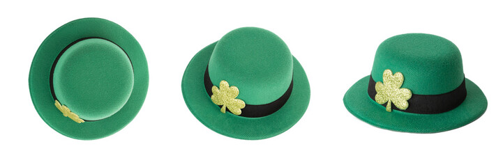 three green irish leprechaun hat with gold clover isolated, saint patrick day background