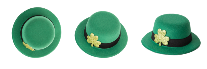 three green irish leprechaun hat with gold clover isolated, saint patrick day background