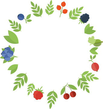 Round frame of berries - raspberry, currant, cranberry, cherries, bluberries, and green leaves in flat