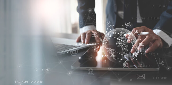 Global business, digital marketing, internet network connection, digital technology concept. Businessman using digital tablet with global network, digital marketing plan, Financial and banking