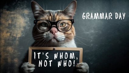 humorous cat correcting someone's grammar, looking disapprovingly at a person who is speaking with incorrect grammar. cat holding chalkboard with grammatical correction, "it's 'whom,' not 'who'!". Ai