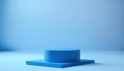 Blank product display on a blue studio background with a pedestal or podium. Empty showcase stand backdrops. 3D rendering. Generative AI.