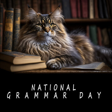 Katze and National Grammar day | cat and dog sitting on a desk and a book in front of it and a shelfbook in background. Ai