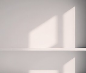 Front view of an empty shelf or counter on white wall background with the natural light of the window. Display of room shelves for showing the minimal concept. Realistic 3D render. Generative AI.