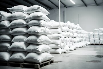 Labor force overload Bags in white sacks stacked in rows at a vast warehouse in a contemporary manufacturing facility. Storage or production facility packaging. Generative AI