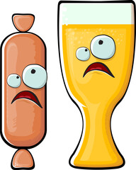 Cartoon sausage and beer characters isolated on white background. Funky meat sausage and beer glass character with eyes and mouth. Sausage and beer label and sticker