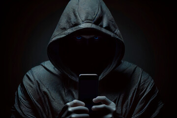 A hooded man with an intimidating look, holding a smartphone in his hands. Concept of vishing, smishing and phishing. Cybercrime, and technological crime. Generative AI. - obrazy, fototapety, plakaty
