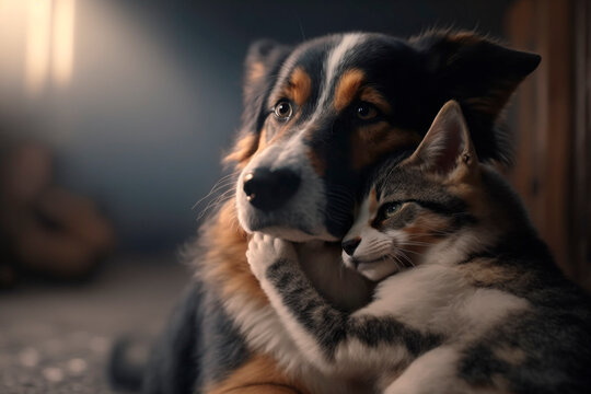 A dog and a cat together and cuddled in good harmony. Love and affection between pets. Adoption of pets. Generative AI