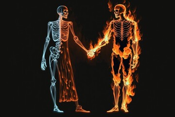 Illustration of a male and female skeleton holding hands as engulfed in flames. Generative AI
