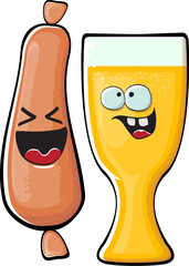 Cartoon sausage and beer characters isolated on white background. Funky meat sausage and beer glass character with eyes and mouth. Sausage and beer label and sticker