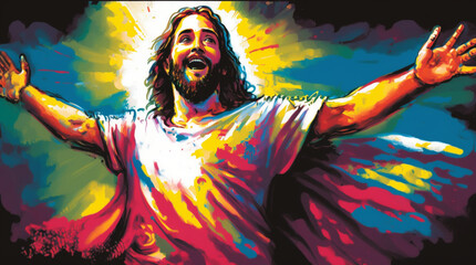Obraz na płótnie Canvas Abstract colorful portrait illustration of Jesus Christ with open arms, Generative AI