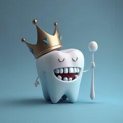 Ein Zahn mit einer goldenen Krone und einer Zahnbürste. AI, Generative, Generative AI