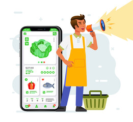 Happy man holding megaphone shouting loud calls customers announcing vegetable ecommerce app Promotion advertising concept