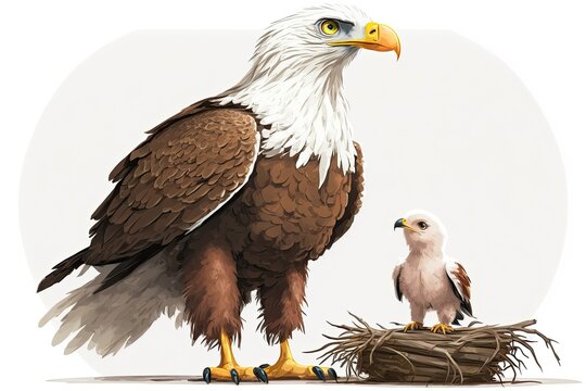 After barely two days out of the egg, a mother Bald Eagle surveys her white, fluffy and furry eaglet. Generative AI