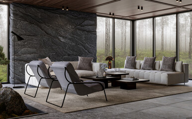Fototapeta na wymiar Modern living room interior with panoramic windows and natural rock wall, 3d render 
