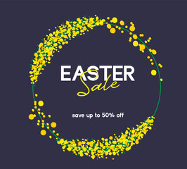 Fototapeta premium Easter Sale banner design with spring blossoms and dark blue background. Holiday Easter background with place for your text