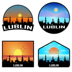 Lublin Poland Skyline Silhouette Retro Vintage Sunset Lublin Lover Travel Souvenir Sticker Vector Illustration SVG EPS AI - obrazy, fototapety, plakaty