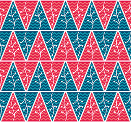 Triangle Pink and Blue Chevron Pattern with white floral for wallpapers, backgrounds, backdrops, textiles, and various surfaces.