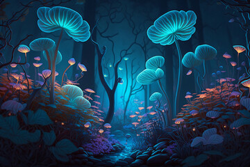 Enchanting fairy forest at night with glowing flowers, Generative Ai