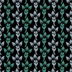 Fototapeta premium Grey and Green floral seamless vector pattern with black background for wallpapers, backgrounds, backdrops, textiles, and various surfaces.