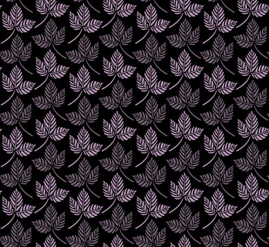 Seamless vector pattern of violet leaves with an orange dark background for wallpapers, backgrounds, backdrops, textiles, and various surfaces.
